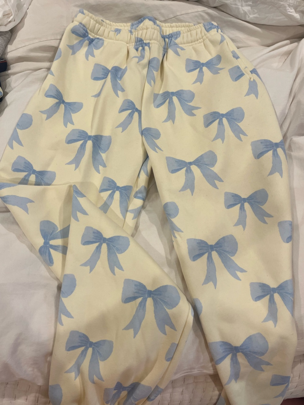 Yellow sweatpants with Pale Blue Bow Print